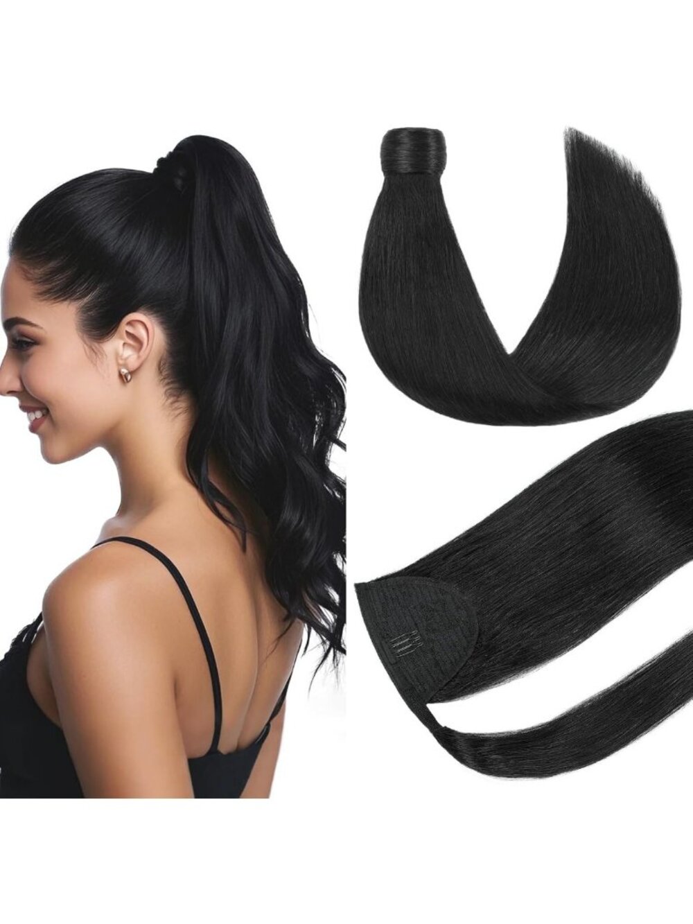 Long Straight Clip-In Ponytail Extension, Real Human Hair, 14 Inch, Jet Black